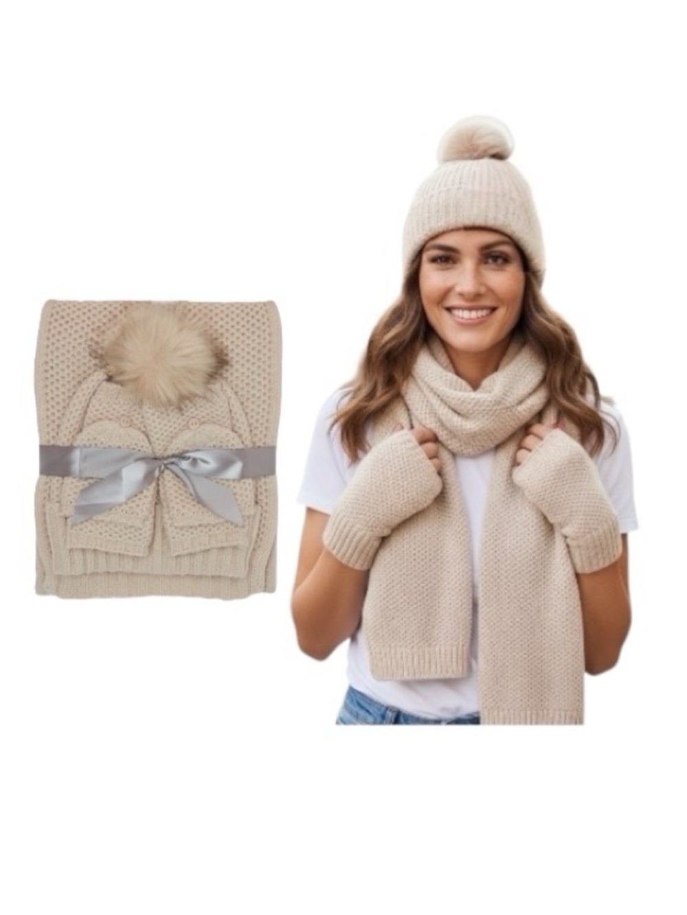 Time And Tru Honeycomb Knit Beanie, Scarf And Gloves Knit Gift Set